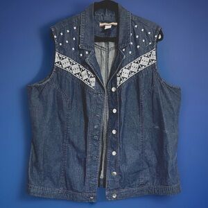 Tudor Court Plus Size XX Sleeveless Denim Vest Rhinestone & Embroidered Accents